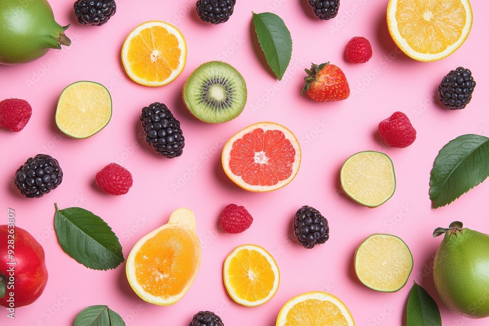 Flat lay technique with fresh fruit objects. In the photo from above Flat lay technique with fresh fruit objects. In the photo from above
