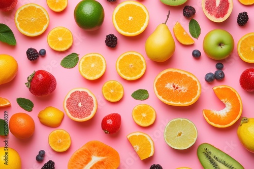 Flat lay technique with fresh fruit objects. In the photo from above 