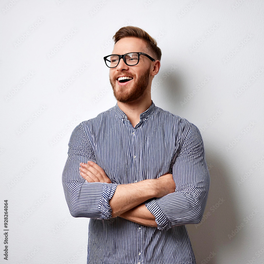 Stylish Bearded Guy Wearing Glasses and Striped Shirt Stylish Bearded Guy Wearing Glasses and Striped Shirt