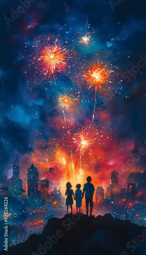 A vibrant fireworks display lights up the night sky over a city skyline, capturing a moment of joy and wonder.