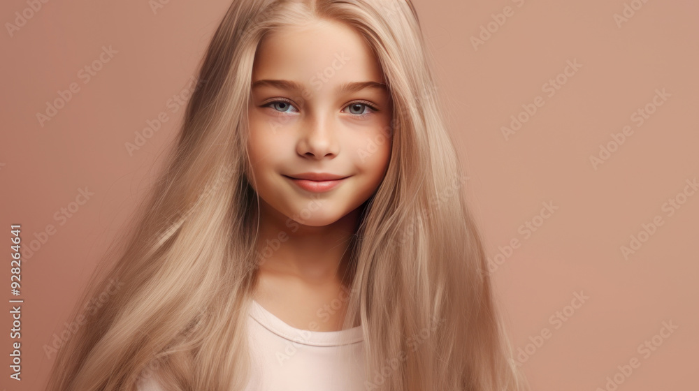 Portrait of a chic cute beautiful blonde child girl with long white hair and perfect skin, creamy beige background, banner. Portrait of a chic cute beautiful blonde child girl with long white hair and perfect skin, creamy beige background, banner.