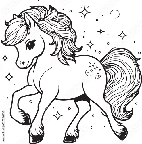 A horse line art coloring book illustration for kids