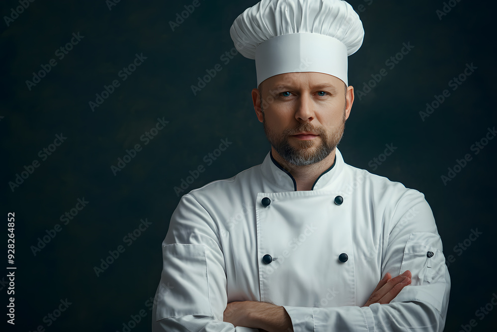 Portrait of Young handsome chef in white outfit with crossed arms looking at camera Portrait of Young handsome chef in white outfit with crossed arms looking at camera
