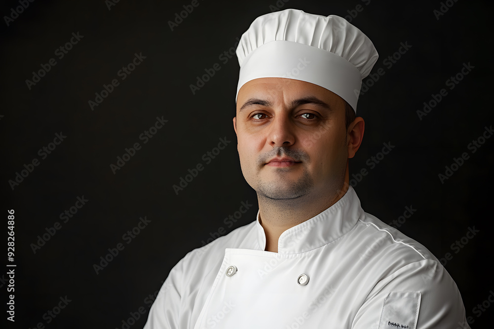 Portrait of Young handsome chef in white outfit with crossed arms looking at camera Portrait of Young handsome chef in white outfit with crossed arms looking at camera