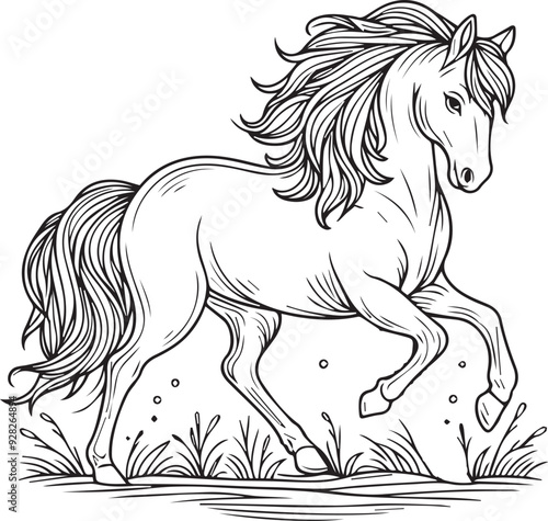 A horse line art coloring book illustration for kids