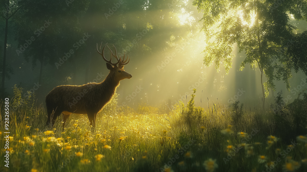 Fototapeta premium A deer is standing in a field of yellow flowers. The sun is shining brightly, casting a warm glow on the scene. Concept of peace and tranquility, as the deer enjoys the beauty of nature