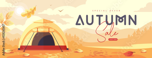 Seasonal retro flat autumn big sale banner with mountain landscape, forest, falling leaves and camping. Vector illustration