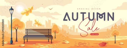 Seasonal retro flat autumn big sale banner with city landscape, bench in the park and falling leaves. Vector illustration