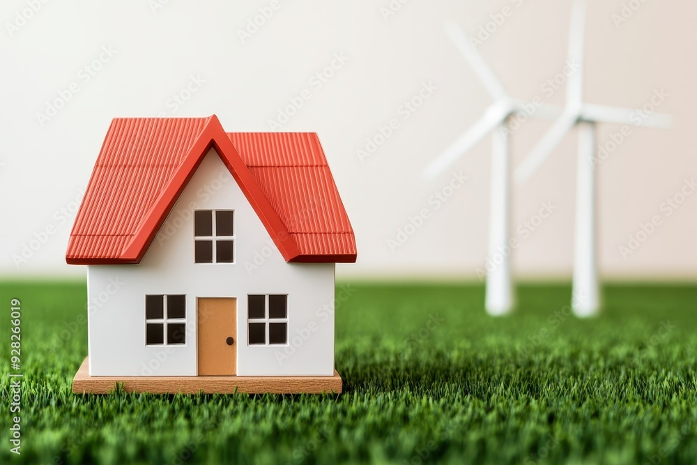 A model house on green grass with wind turbines in the background, representing sustainable living and renewable energy. A model house on green grass with wind turbines in the background, representing sustainable living and renewable energy.