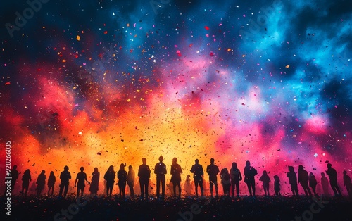 Wallpaper Mural A vibrant silhouette of people against a cosmic backdrop filled with colorful stars and a glowing horizon. Torontodigital.ca