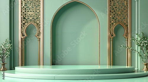 Green and Golden Moroccan Archway with Decorative Design