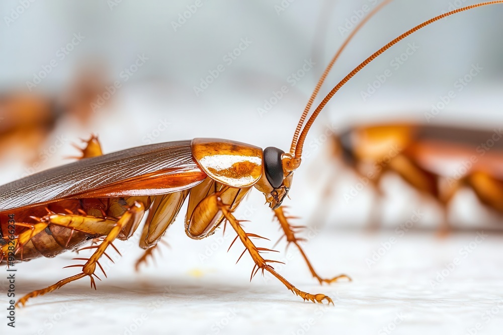 Macro of cockroaches near pesticide traps on kitchen floor, high contrast, pest control, home protection Macro of cockroaches near pesticide traps on kitchen floor, high contrast, pest control, home protection
