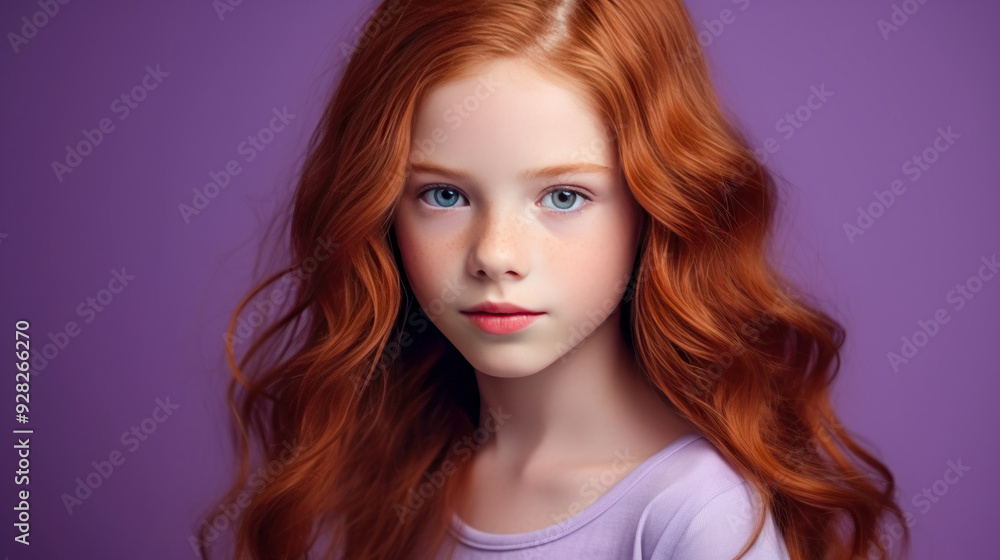 Naklejka premium Portrait of a gorgeous cute smiling beautiful baby girl with red hair and perfect skin, purple background, banner.