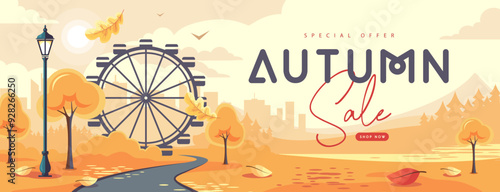 Seasonal retro flat autumn big sale banner with city landscape, ferris wheel in the park and falling leaves. Vector illustration