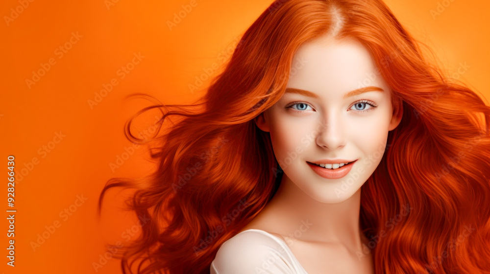 Portrait of a gorgeous cute smiling beautiful baby girl with red hair and perfect skin, orange background, banner. Portrait of a gorgeous cute smiling beautiful baby girl with red hair and perfect skin, orange background, banner.