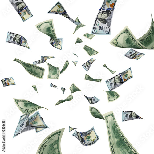 Flying 100 American dollars banknotes. png isolated background. transparent background