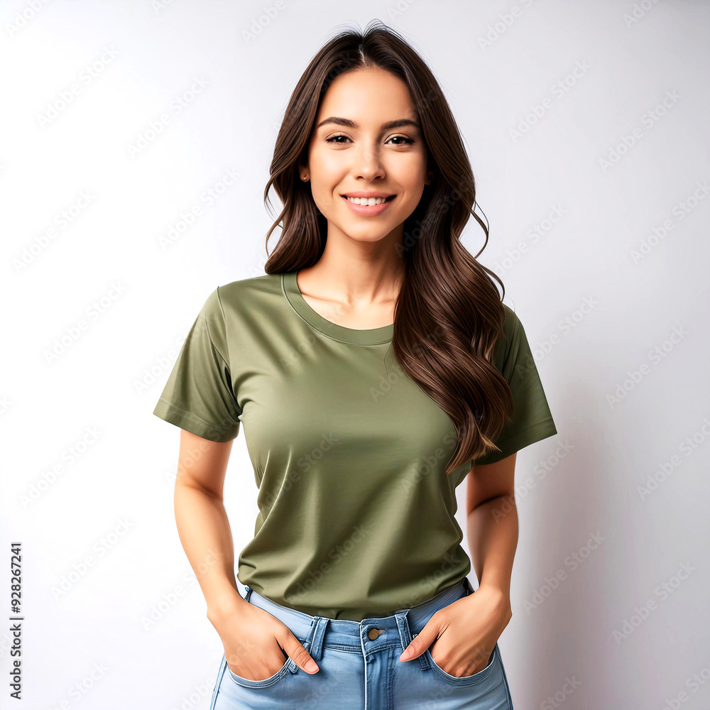 Obraz premium Stylish Woman with Long Brown Hair Posing in Casual Outfit