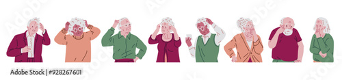 Set of elderly men and women holding their heads in anxiety.