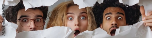 Amazed young people looking through ripped paper, Generative AI