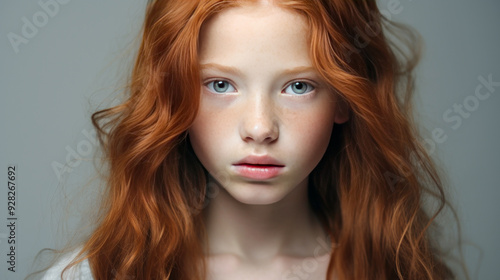 Portrait of a gorgeous cute smiling beautiful baby girl with red hair and perfect skin, gray background, banner.