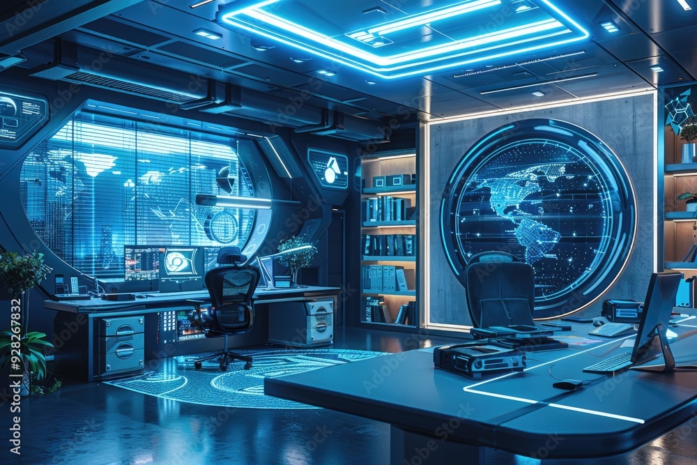 Remote working space with high-tech equipment, depicting the future of work Remote working space with high-tech equipment, depicting the future of work