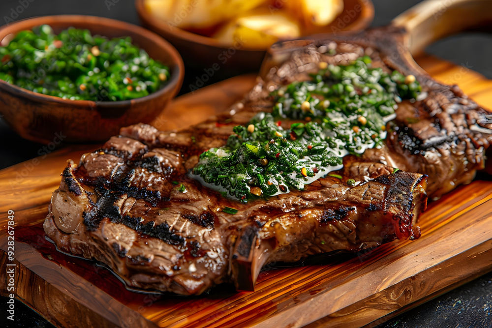 Grilled Steak with Chimichurri Sauce on Wooden Board - Food Photography Grilled Steak with Chimichurri Sauce on Wooden Board - Food Photography