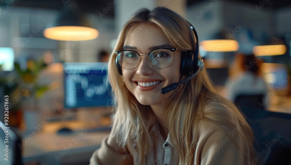 A woman wearing glasses and a headset is smiling at the camera A woman wearing glasses and a headset is smiling at the camera