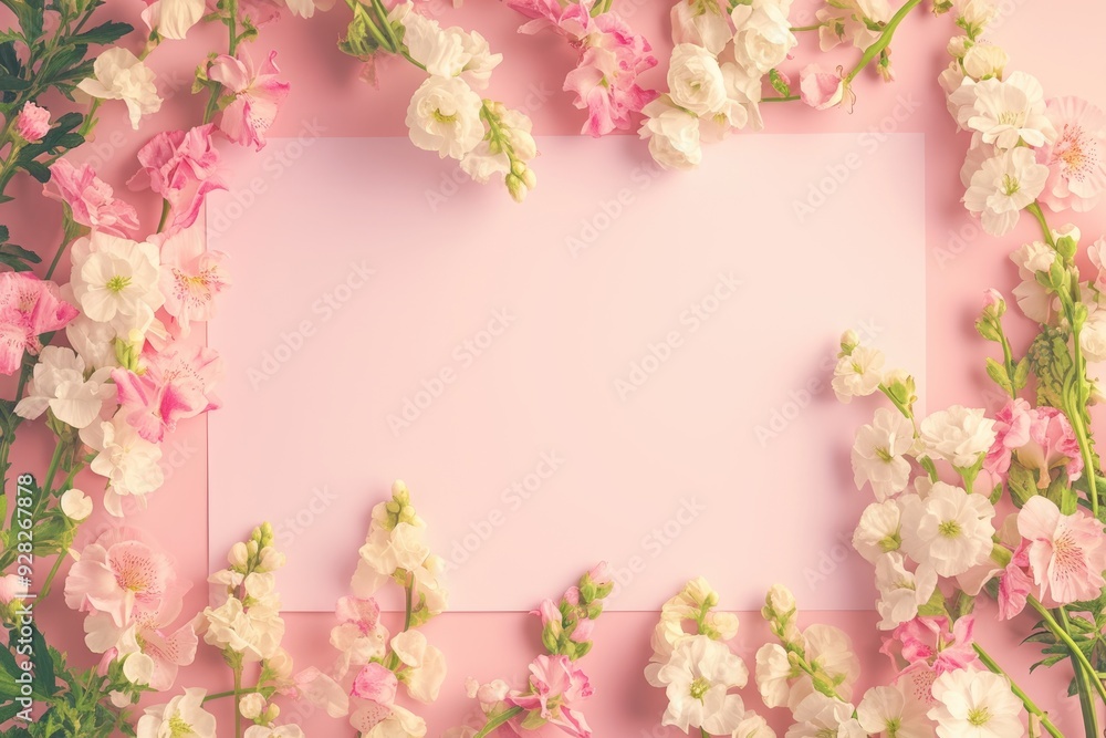 Blank paper mock up with flowers arranged in a diagonal line from top to bottom, providing a dynamic and visually interesting layout with ample copy space. Blank paper mock up with flowers arranged in a diagonal line from top to bottom, providing a dynamic and visually interesting layout with ample copy space.