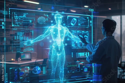 Remote healthcare consultation via hologram, depicting future medicine