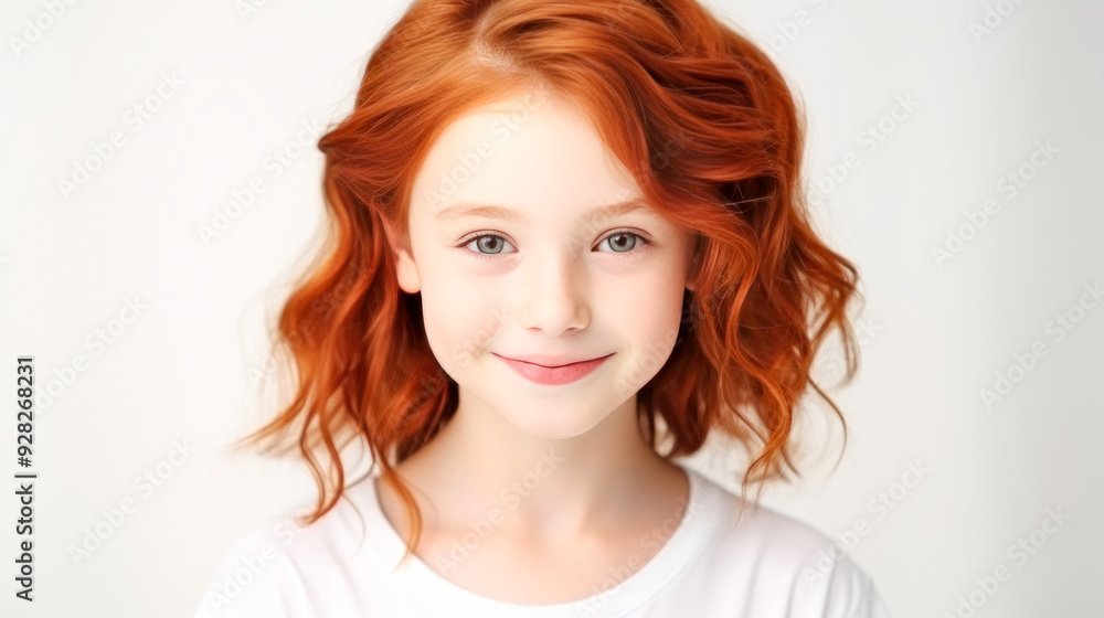 Portrait of a gorgeous cute smiling beautiful baby girl with red hair and perfect skin, white background, banner. Portrait of a gorgeous cute smiling beautiful baby girl with red hair and perfect skin, white background, banner.