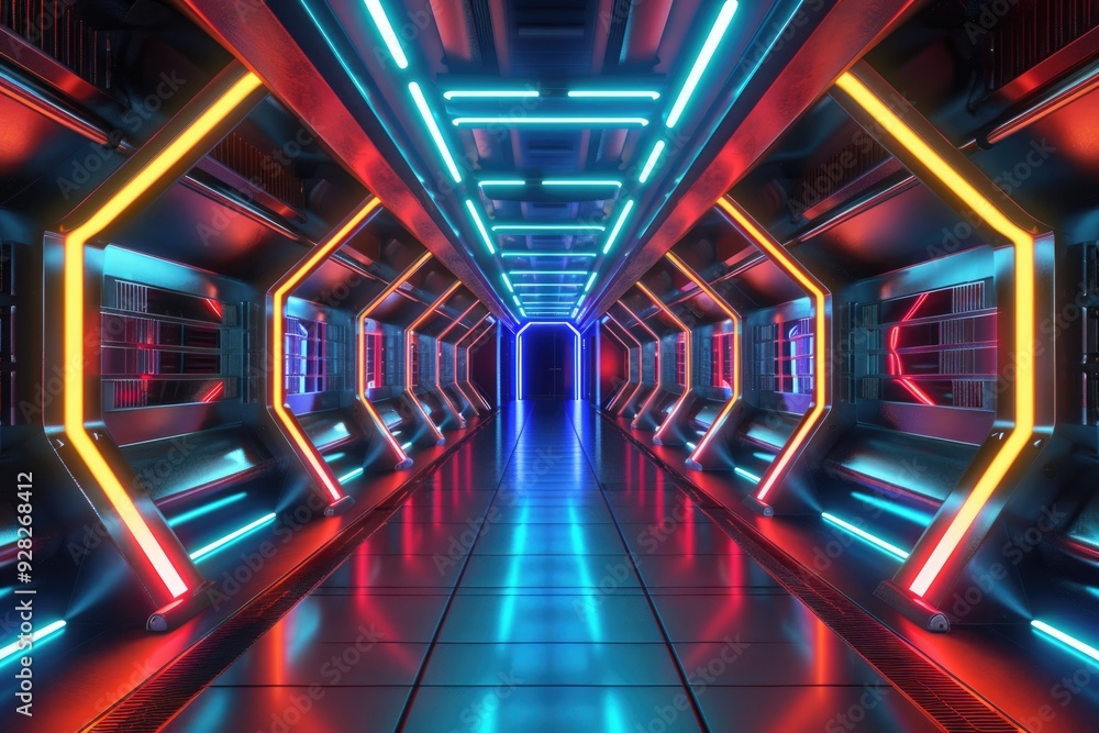 Futuristic corridor with bright neon lights and sleek design Futuristic corridor with bright neon lights and sleek design