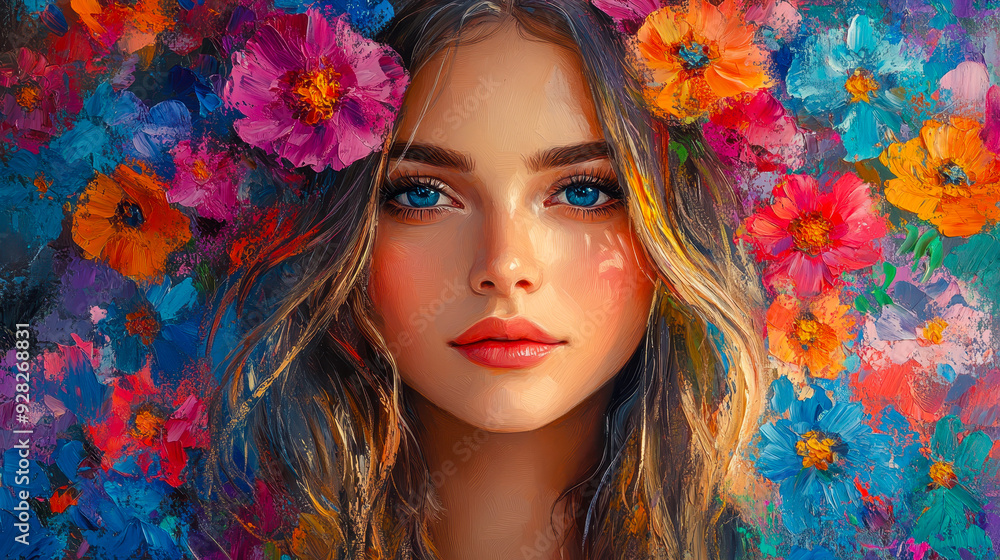 Modern Pop Art Portrait of Woman with Flowers in Hair on Vibrant Colorful Background, Contemporary Bold Painting with Beautiful Young Woman in Trendy Artistic Style Expressing Youth and Creativity Modern Pop Art Portrait of Woman with Flowers in Hair on Vibrant Colorful Background, Contemporary Bold Painting with Beautiful Young Woman in Trendy Artistic Style Expressing Youth and Creativity