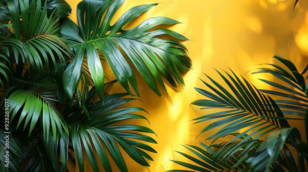 Bright yellow painted wall framed with green tropical palm leaves, sunlight with shadows patterns, summer background. Bright yellow painted wall framed with green tropical palm leaves, sunlight with shadows patterns, summer background.