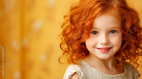 Portrait of a gorgeous cute smiling beautiful baby girl with red hair and perfect skin, golden background, banner.