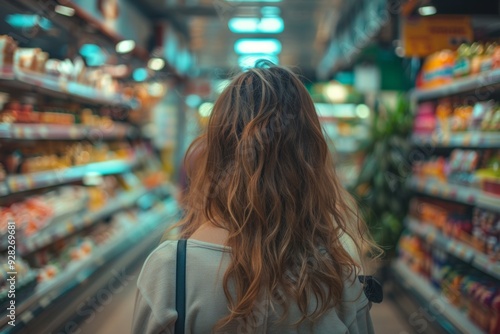 A woman with blonde hair is shopping in a grocery store
