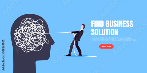 Unravel business chaos process with tangle difficult problem mess business concept flat style design vector illustration. Chaos to order, complex to simple metaphor with person trying solve mess cable