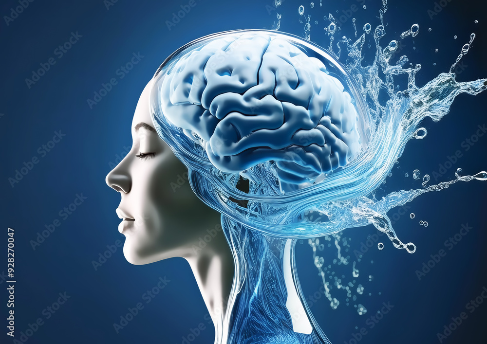 Obraz premium 3d rendering of human head with brain and water splash on blue background
