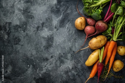 An overhead shot of root vegetables such as potatoes, beets, and carrots on a textured surface, with open space for copy photo