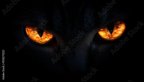 Orange cat eyes in the dark, black background photo