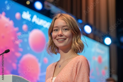 A woman is standing in front of a podium with a smile on her face photo