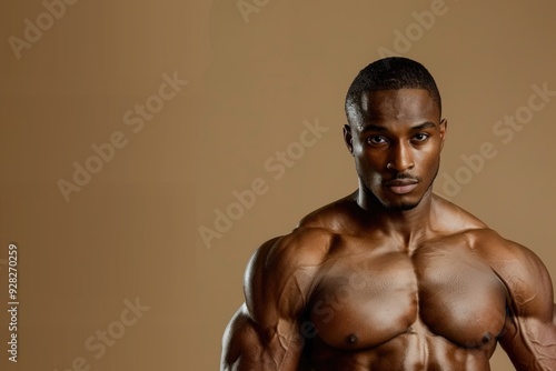 Fit man with defined muscles and a determined expression, solid color background, blending physical and mental fitness, perfect for a gym flyer targeting peak performance