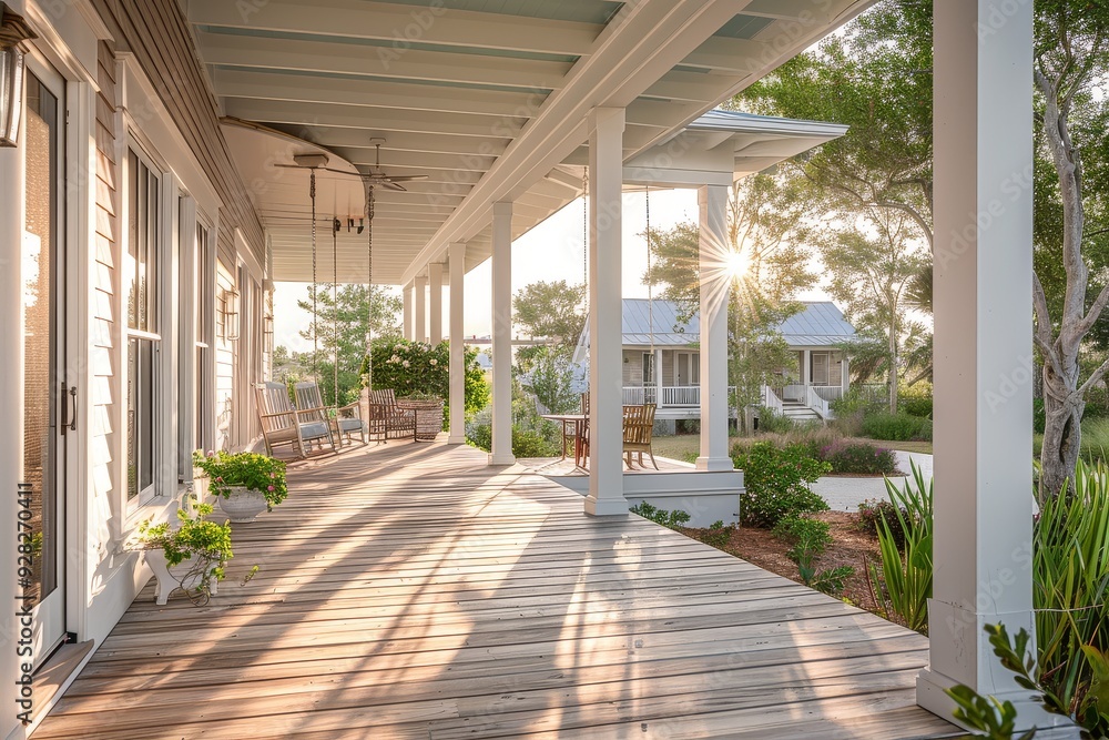 Coastal beach house front porch with white columns, wood planks, and a swing in Seaside Florida, captured in morning light. Editorial style, architectural digest photography. Coastal beach house front porch with white columns, wood planks, and a swing in Seaside Florida, captured in morning light. Editorial style, architectural digest photography.