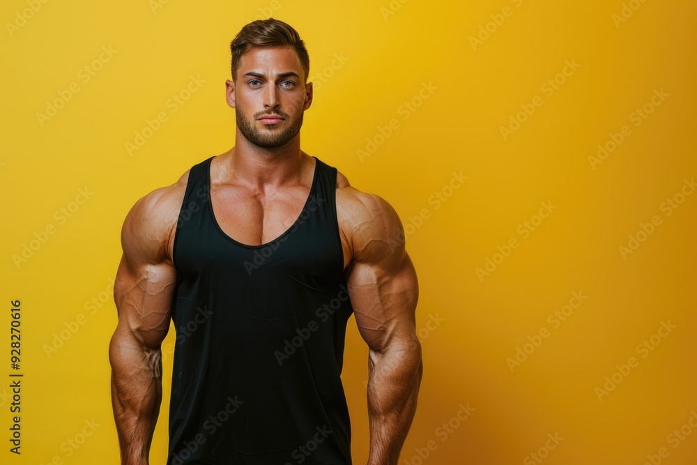 Muscular man with a calm, determined expression, solid color backdrop ideal for gym promotions that emphasize the balance of strength and mental clarity Muscular man with a calm, determined expression, solid color backdrop ideal for gym promotions that emphasize the balance of strength and mental clarity