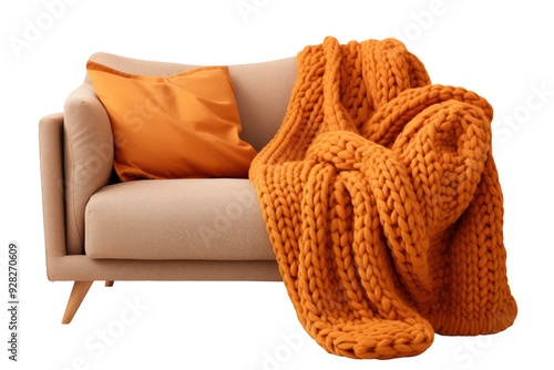 A Cozy Autumn Afternoon With a Chunky Knit Blanket on a Beige Sofa on a White or Clear Surface PNG Transparent Background. photo