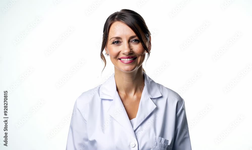 Portrait of smiling female doctor in white coat isolated on white background Portrait of smiling female doctor in white coat isolated on white background
