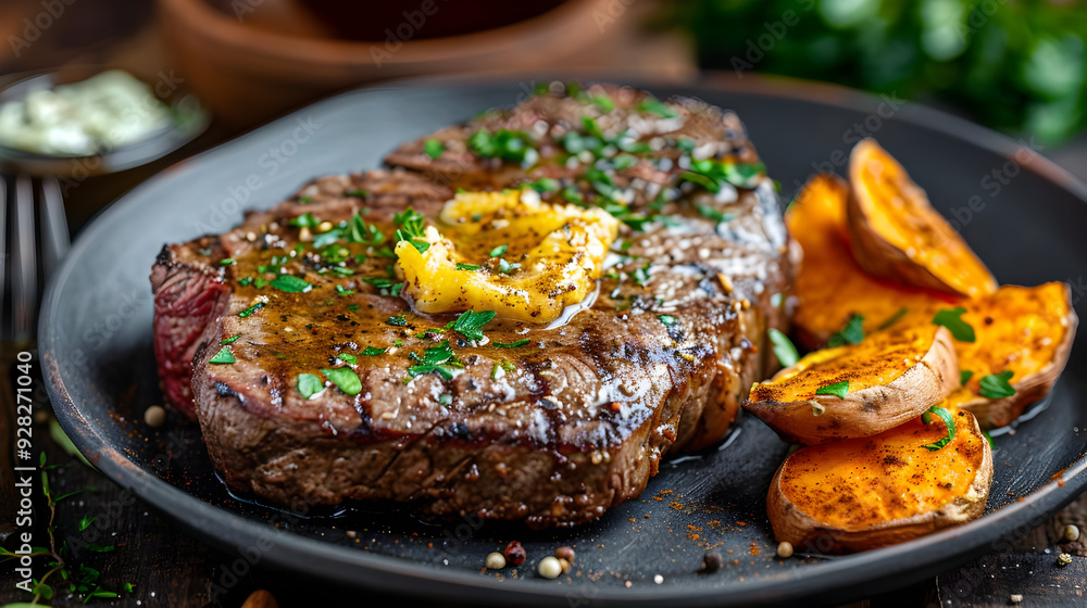 Grilled Steak with Sweet Potatoes and Butter - Photo Grilled Steak with Sweet Potatoes and Butter - Photo