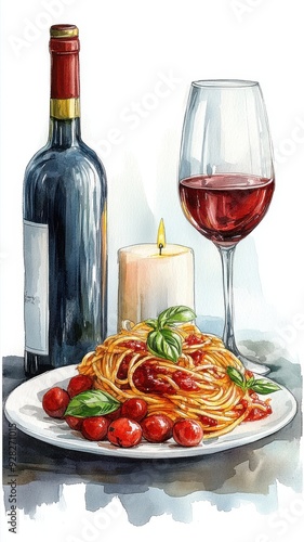 Watercolor spaghetti and red wine in christmas dinner table,wine glass,forks, knives, spoons,empty plate,champagne isolated illustration on white background,holiday illustration for greeting design.