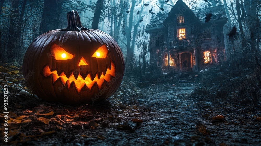 A creepy pumpkin zombie with glowing eyes prowls through a dark forest towards a haunted house, its sinister grin reflecting the chilling Halloween night A creepy pumpkin zombie with glowing eyes prowls through a dark forest towards a haunted house, its sinister grin reflecting the chilling Halloween night