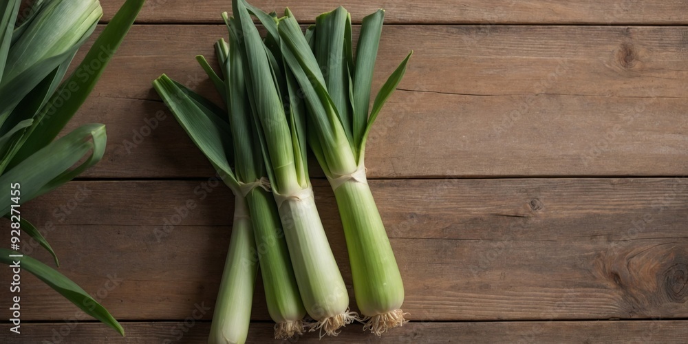 fresh leeks on a light wooden table - top view. fresh leeks on a light wooden table - top view.