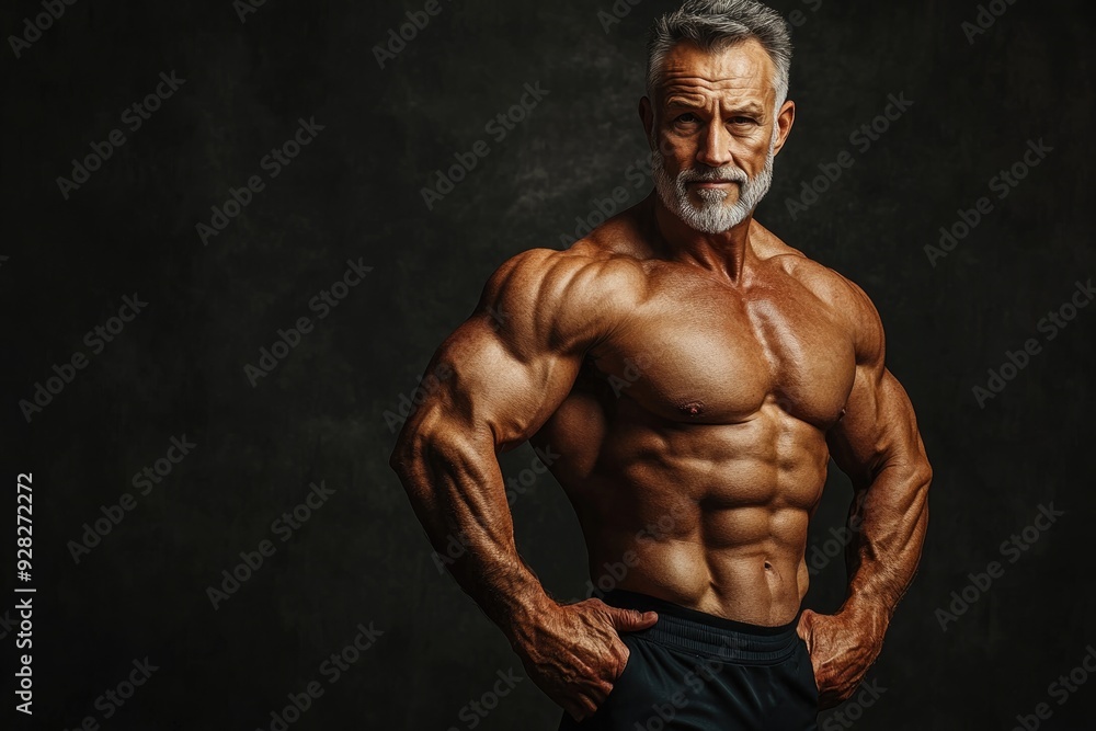 Obraz premium A fit senior man with a muscular build, confidently posing against a solid background, showcasing his strength and vitality